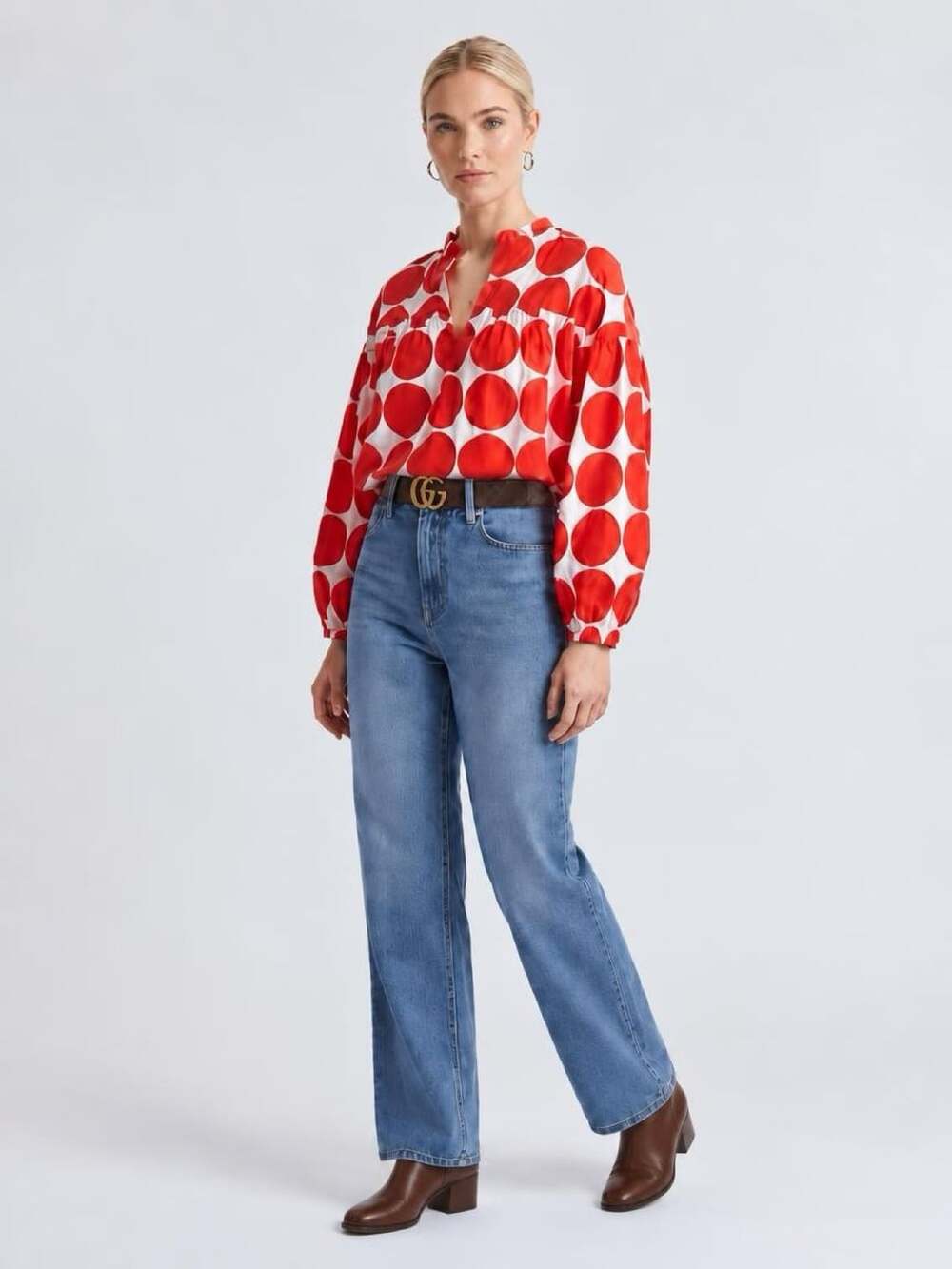 Sage Well Blouse Size XL Red White Polka Dot V-Neck Long Sleeve